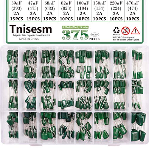 Tnisesm 375 Pcs 24 Value Metalized Mylar Polyester Film Capacitors Assortment Kit 0.22nF - 470nF 100V in a Box Tn-20-4 - color: Film Capacitors Kit