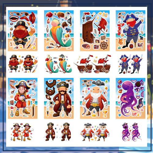 24 Sheets Make Your Own Pirate Stickers for Kids, Party Favors, Birthday Gifts, Classroom Rewards, Crafts for Boys and Girls - color: Pirate
