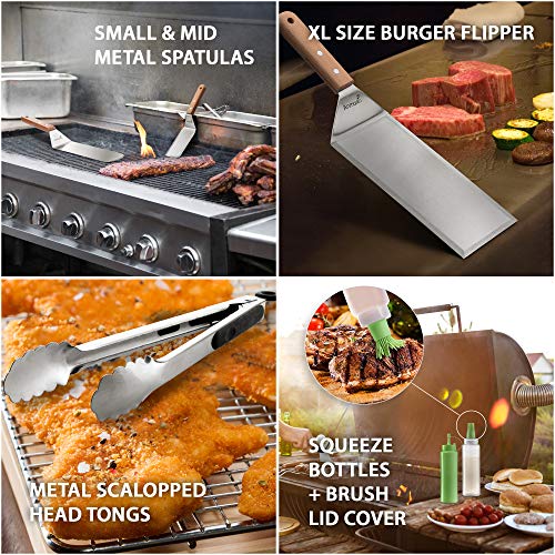Metal Spatula Set of 6 - Griddle Accessories kit - Grill Flat Spatula Pancake Flipper Hamburger Turner - Metal Utensil Great for BBQ Grill Flat Top Cast Iron Griddle - color: Wooden handle set with tongs and bottles