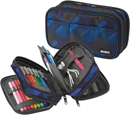 LIHIT LAB Large Capacity Triple Zipper Pencil Case For School Office College, Big Capacity 8 Compartments Pencil Bag Holder Adults Teen Boys Girls, Travel Cosmetics Storage, Navy Camo (A7556-132) - color: Navy Camo, size: 1 Count (Pack of 1), style: Tripl
