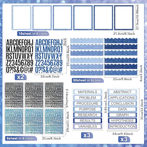Sinload 92 Pcs Science Fair Board Supplies 60 Trim Scalloped Poster Boards 18 Presentation Subtitles 6 Project Titles 8 Letter Sticker for Classroom Display Boards(Glitter Blue,Wave) - color: Glitter Blue, style: Wave