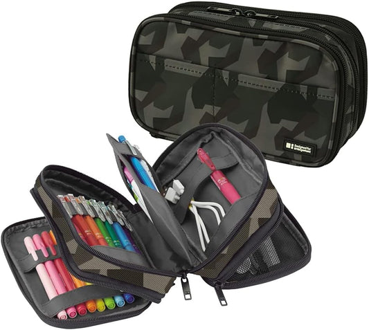LIHIT LAB Large Capacity Triple Zipper Pencil Case For School Office College, Big Capacity 8 Compartments Pencil Bag Holder Adults Teen Boys Girls, Travel Cosmetics Storage, Green Camo (A7556-131) - color: Green Camo, size: 1 Count (Pack of 1), style: Tri