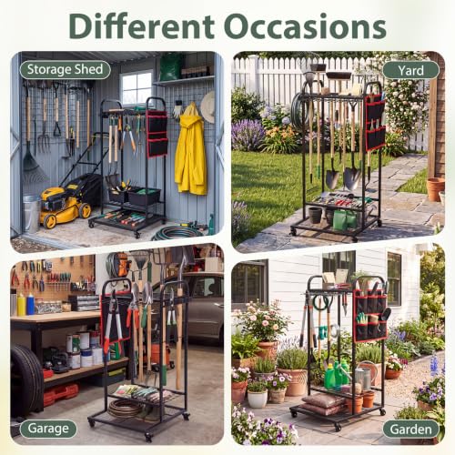 Chumia Garden Tool Organizer for Garage Storage, Heavy Duty Rolling Yard Tool Rack with Wheels and Side Bag, 3-Tier Rust-Resistant Metal Utility Cart for Shovels Rakes Brooms Shed Garage Outdoor