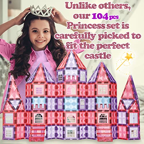 Little Pi 104pcs Frozen Princess Castle Magnetic Tiles Building Blocks - 3D Diamond Blocks, STEM Educational Toddler Toys for Pretend Play, 4 Year Old Girl Birthday Gifts Kids Ages 3 5 6 7 8 - Pink - color: Pink Castle