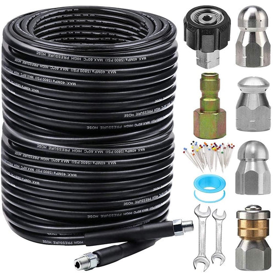 200FT Sewer Jetter Kit for Pressure Washer, 5800PSI Drain Cleaner Hose 1/4 Inch NPT Corner, Rotating and Button Hose Sewer Jetting Nozzle Pearl Corsage Pin Waterproof Tape with 2 Spanner - color: 200FT