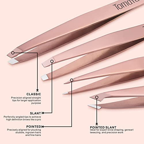 Tomata Tweezers for Eyebrows, Slant Tip and Pointed Eyebrow Tweezer Set Great Precision for Eyebrows Facial Hair, Ingrown Hair, Splinter, Blackhead and Tick Remover (4-piece) (Gold) - color: Gold