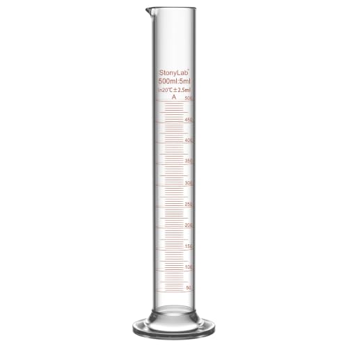 stonylab Class A Graduated Cylinder, 500 ml Borosilicate Glass High Precision Measuring Cylinder with Clear Scale and Stable Base for Laboratory Liquid Measurement - size: 500 ml
