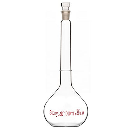 stonylab Glass Volumetric Flask Class A with Glass Stopper, Borosilicate Glass Heavy Wall Volumetric Flask Tolerance (1000 ml) - size: 1000 ml