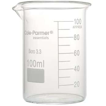 Cole-Parmer Low-Form Beaker, Glass, 100 mL: 12/PK - size: 100 mL, 12/pk - Grad: 10 mL - Cap: 100 mL