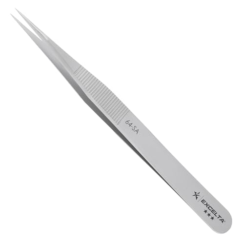 Excelta 64-SA Precision Tweezers, Straight Fine Tip, 4.75" Anti-Magnetic 316L Neverust Stainless Steel, Serrated Handle, ESD-Safe, Swiss-Made Tool for Electronics, Lab Use, Cleanroom & Forensics - size: 4.75" Tweezer, Straight Very Fine Points, style: Ant