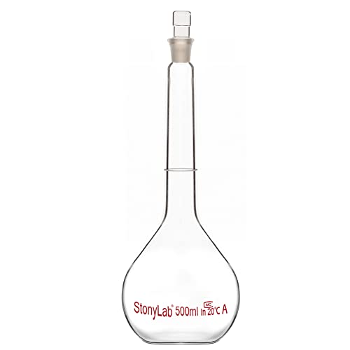 stonylab Glass Volumetric Flask Class A with Glass Stopper, Borosilicate Glass Heavy Wall Volumetric Flask Tolerance ±0.25 ml, 500 ml - size: 500 ml