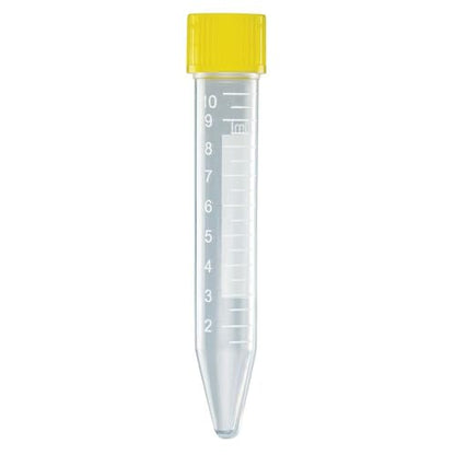 Globe Scientific 6293 Polypropylene General Purpose Centrifuge Tube with Attached Yellow Screw Cap, Sterile, 10mL Capacity (Case of 1000)