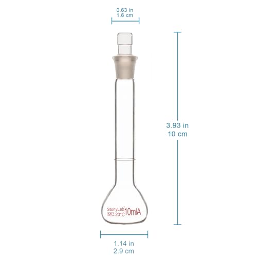 stonylab Glass Volumetric Flask Class A with Glass Stopper, Borosilicate Glass Heavy Wall Volumetric Flask Tolerance ±0.02 ml, 10 ml - size: 10 ml
