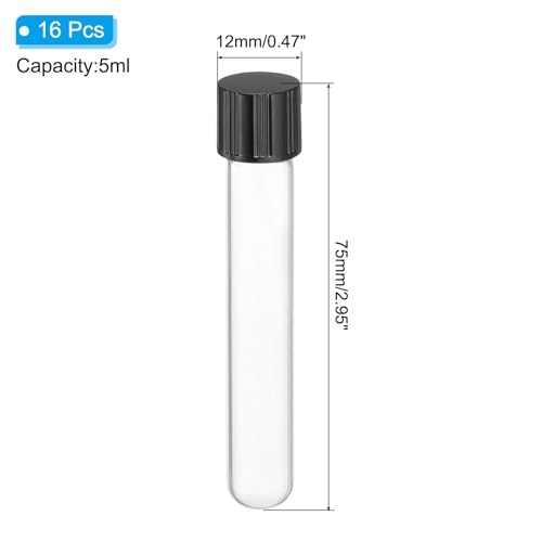 PATIKIL 5ml Test Tubes with Caps, 16pcs Glass Test Tubes Clear Round Bottom Test Tube Containers with Plastic Cap for Bead Candy Bath Salt Storage Scientific Experiment Plant, 12mmx75mm - size: 5ml