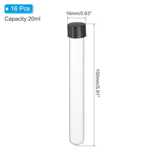 PATIKIL 20ml Test Tubes with Caps, 16pcs Glass Test Tubes Clear Round Bottom Test Tube Containers with Plastic Cap for Bead Candy Bath Salt Storage Scientific Experiment Plant, 16mmx150mm - size: 20ml