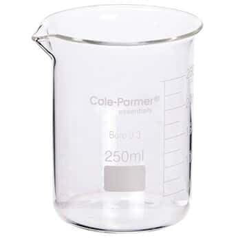 Cole-Parmer Elements Low-Form Beaker, Glass, Griffin Style, Graduated, 250 mL; 12/Pk - size: Cap. mL 250 - Grad Int. mL 25