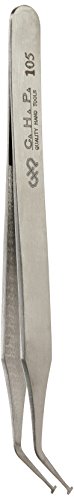 Hakko CHP 105-SA Stainless Steel Non-Magnetic Tweezers for Handling SMD Components and SOT Packages, Curved shaft, 2.5mm Flat Tips, 4-3/4" Length, Silver