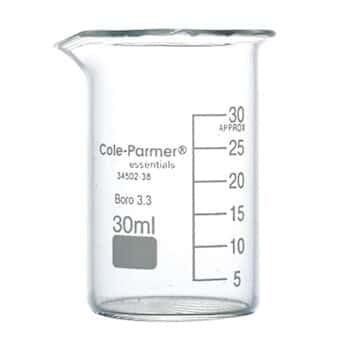 Cole-Parmer Elements Low-Form Beaker, Glass, Griffin Style, Graduated, 30 mL; 12/Pk - size: Cap. mL 30 - Grad Int. mL 5