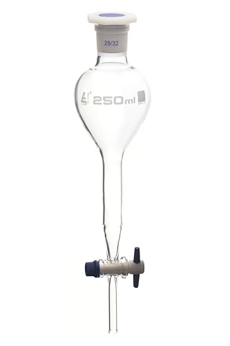Gilson Separating Funnel, 250ml - PTFE Key Stopcock - Plastic Stopper, Socket Size 29/32 - Borosilicate Glass - Eisco Labs