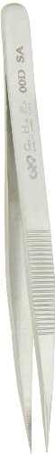 Hakko CHP 00D-SA Fine-Tip Tweezers, Straight, Serrated Fine-Point Tips, Non-Magnetic Stainless Steel, Corrosion-Resistant, Serrated Grip, 4-1/2" Length, Silver
