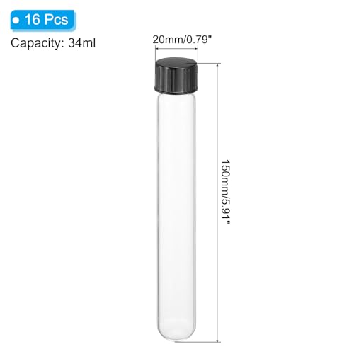 PATIKIL 34ml Test Tubes with Caps, 16 Pcs Glass Test Tubes Clear Round Bottom Test Tube Containers with Plastic Cap for Bead Candy Bath Salt Storage Scientific Experiment Plant - size: 34ml