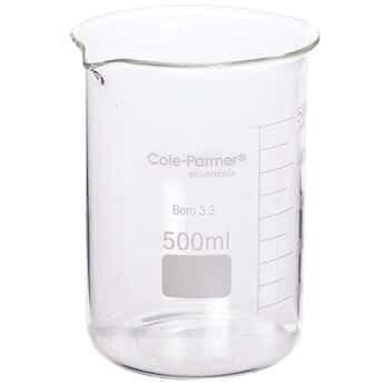 Cole-Parmer Elements Low-Form Beaker, Glass, Griffin Style, Graduated, 500 mL; 8/Pk - size: Cap. mL 500 - Grad Int. mL 50