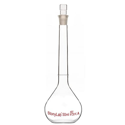 stonylab Glass Volumetric Flask Class A with Glass Stopper, Borosilicate Glass Heavy Wall Volumetric Flask Tolerance ±0.05 ml, 50 ml - size: 50 ml