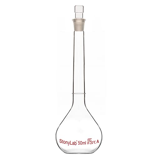 stonylab Glass Volumetric Flask Class A with Glass Stopper, Borosilicate Glass Heavy Wall Volumetric Flask Tolerance ±0.05 ml, 50 ml - size: 50 ml
