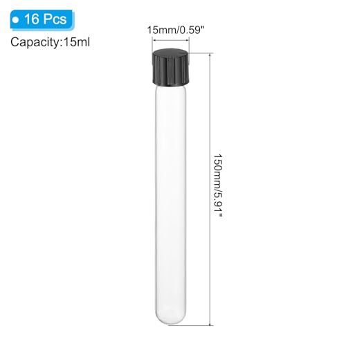 PATIKIL 15ml Test Tubes with Caps, 16pcs Glass Test Tubes Clear Round Bottom Test Tube Containers with Plastic Cap for Bead Candy Bath Salt Storage Scientific Experiment Plant, 15mmx150mm - size: 15ml-S