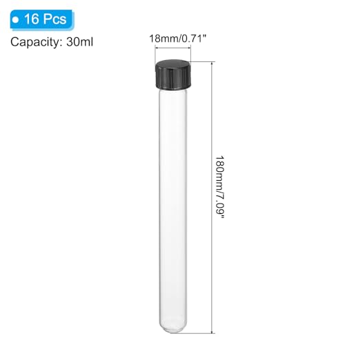PATIKIL 30ml Test Tubes with Caps, 16pcs Glass Test Tubes Clear Round Bottom Test Tube Containers with Plastic Cap for Bead Candy Bath Salt Storage Scientific Experiment Plant, 18mmx180mm - size: 30ml