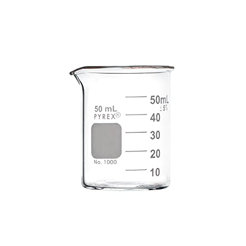 PYREX Griffin Borosilicate Glass Beaker- Low Form Graduated Measuring Beaker with Spout– Premium Scientific Glassware for Laboratories, Classrooms or Home Use - PYREX Chemistry Glassware, 50 mL, 12/Pk - size: 50 mL