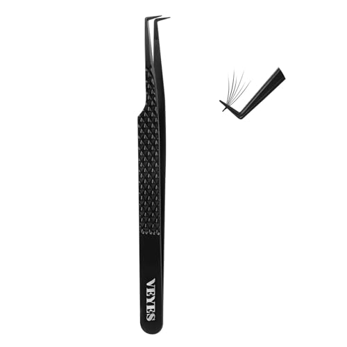 VEYES INC Lash Tweezers for Eyelash Extensions,Fiber Tip Tweezers for Individual Classic and Volume Lash,Stainless Steel Lash Tweezers-Slim 90 Degree - style: Noir N1