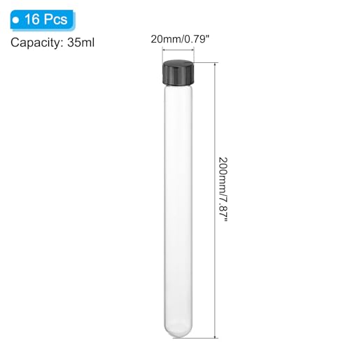 PATIKIL 35ml Test Tubes with Caps, 16pcs Glass Test Tubes Clear Round Bottom Test Tube Containers with Plastic Cap for Bead Candy Bath Salt Storage Scientific Experiment Plant, 20mmx200mm - size: 35ml