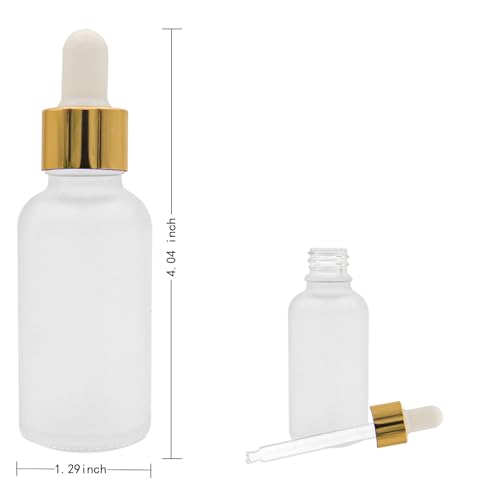 12 Pack,Clear Frosted Glass Dropper Bottle for Essential Oils,Empty Glass Liquid Holder With Glass Eye Dropper,Golden Caps Travel Perfume Cosmetic Container-Pipette&Funnel included (30ml/1oz) - color: Clear Frosted, size: 1 Ounces