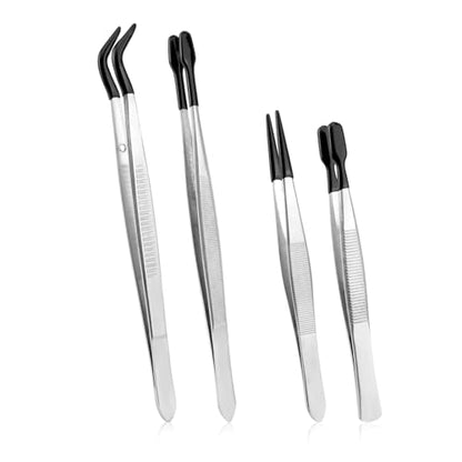 4pcs Rubber Tip Tweezers Set, Stainless Steel Precision Craft Tweezers Anti-Static Rubber Fine Flat & Bent Tip Tweezer for Crafts Jewelry Making Electronics Model Laboratory Work Lashes (Set 2) - style: Set 2