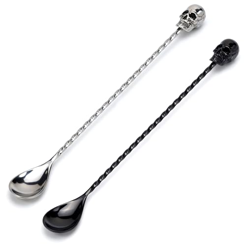 Homestia 12'' Gothic Skull Bar Spoon, Long Cocktail Mixing Spoon, Set of 2 - color: 2PCS Skulls + Silver