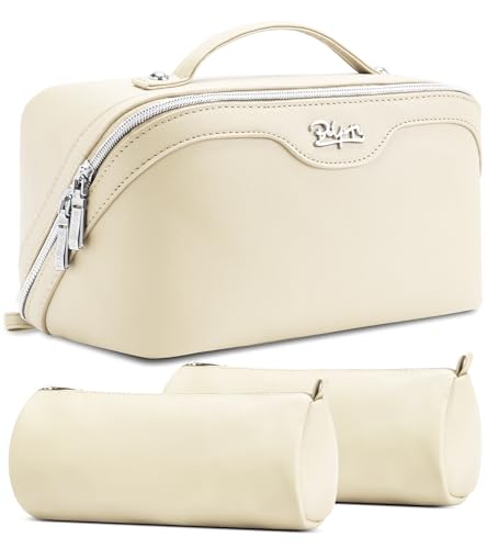 BOYATU Travel Makeup Bag Organizer Cosmetic Bag: 3 Pcs Set Make up Bags for Women with Handle - Waterproof Vegan Leather Toiletry Bags Travel Essentials Pouch with Compartments (C-04-White) - color: 04-B-White