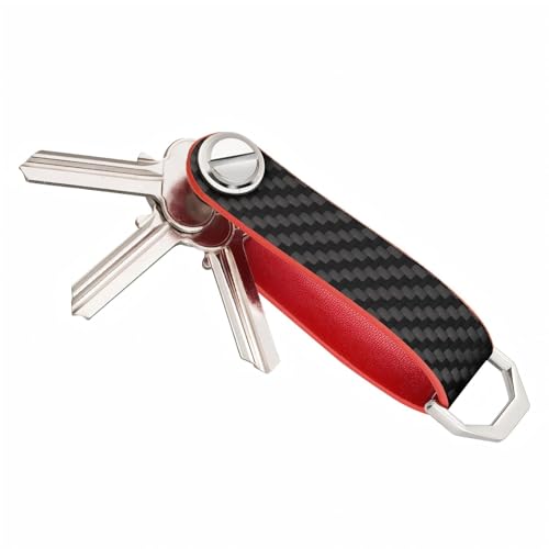 T-carbon Carbon Fiber Key Organizer, Compact Key Holder, Silent Keychain, Expandable Key Case Holds Up to 8 Keys - color: Red
