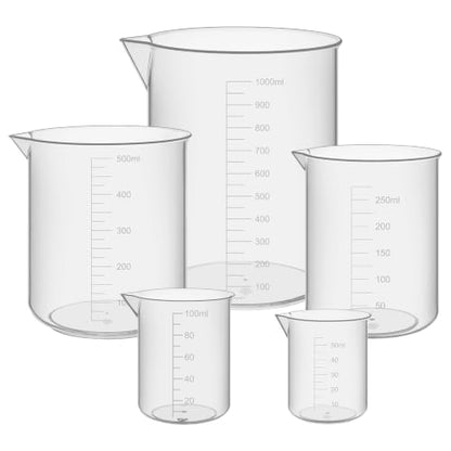 FunChem Plastic Beaker Set, 5-Piece Graduated Beakers 50ml/100ml/250ml/500ml/1000ml, Lightweight & Corrosion Resistant for Lab Experiments Liquid Mixing Dissolving