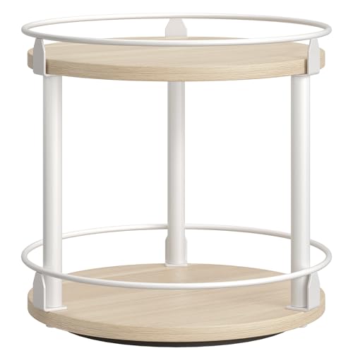 YATINEY Lazy Susan Organizer, Rotating Spice Rack, 2 Tier Spice Turntable Organizer, Industrial Turntable Spice Holder, for Kitchen Countertop, Compact and Versatile, White and Light Oak SR22WG - color: White + Light Oak, size: 10.2"L x 10.2"W x 11"H
