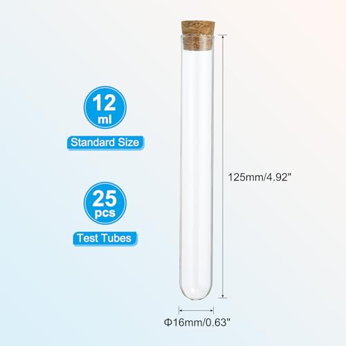 PATIKIL 12ml Test Tubes, 25pcs 4.92x0.63in Glass Clear Round Bottom Test Tube Containers with Stopper for Bead Party Candy Bath Salt Storage Scientific Experiment Plant Propagation - size: 12ml