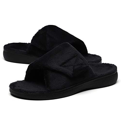 SOLLBEAM Women's Plantar Fasciitis Fuzzy House Orthopedic Adjustable Slippers With Arch Support Orthotic Heel Cup Sandals For Ladies - color: Black, size: 12