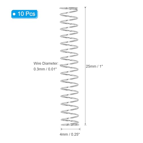 PATIKIL Compression Spring, 0.3mm Wire Dia x 4mm OD x 25mm L, 10 Pcs 304 Stainless Steel Mechanical Extension Small Springs Pen Springs Assortment Kit for Shop and Home Repairs - size: 0.3x4x25mm