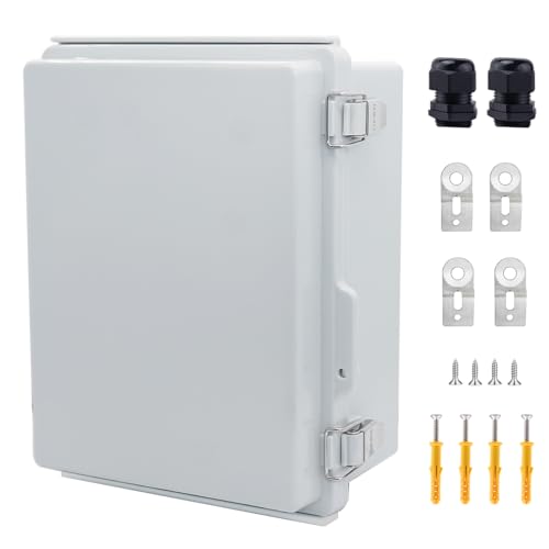 IP67 Waterproof Junction Box, ABS Plastic Electrical Enclosure with Stainless Steel Latch, Hinged Cover Electric Box with Mounting Plate, Wall Brackets & Cable Glands 220x170x110mm - color: Grey, size: 8.7"x6.7"x4.3" Standard