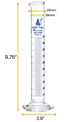 Graduated Cylinder, 100ml - Class A Tolerance ±0.50ml - Hexagonal Base - Blue Graduations - Borosilicate 3.3 Glass - Eisco Labs - size: 100mL