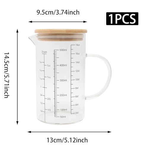 500ML Glass Measuring Cup with Bamboo Lid/OZ/Cup/ML Scales&V-Spout