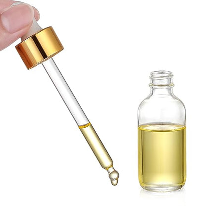 AOZITA Set of 4, 2 oz Golden Cap Clear Dropper Bottles (60ml) with 1 Funnel & 4 Labels - Glass Tincture Bottles for Essential Oils with Eye Droppers - Leak Proof Travel Bottles for Liquids - color: Clear with Eye Droppers