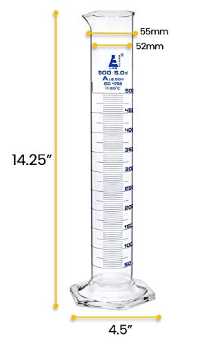 Graduated Cylinder, 500ml - Class A Tolerance ±2.50ml - Hexagonal Base - Blue Graduations - Borosilicate 3.3 Glass - Eisco Labs - size: 500mL