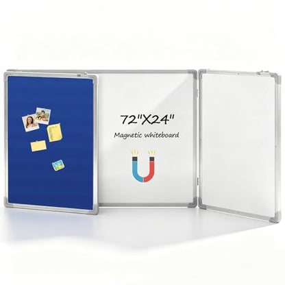 Mooliwe 72"x24" Tri-fold Fabric Board Whiteboard Combo, Foldable Combination Magnetic Dry Erase Board & Bulletin Whiteboard with Aluminum Frame Wall Mounted for Home, Office and School(Blue) - color: Blue