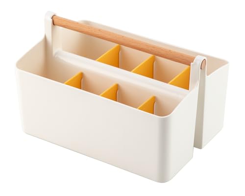 Vidifor Large Portable Caddy Tote with Handle, Plastic Craft Storage Organizer Basket with Adjustable Divided for Art Supplies, Sewing, Colored Pencils, Makeup-Yellow - color: White+Yellow